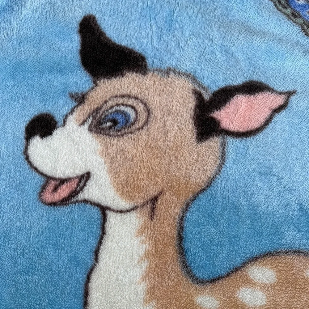 Vintage Deer Bunny Butterfly Flowers Plush Minky Blanket Blue 42x54 GUC